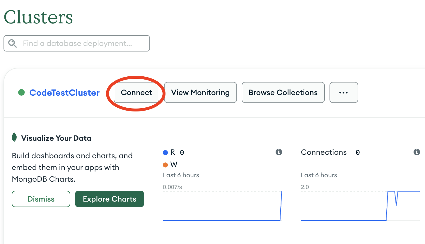 The connect button in the clusters section of the Atlas UI